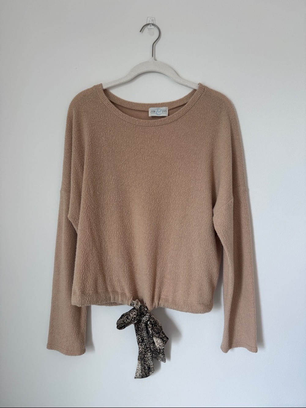 Women's Crewneck Tie-Hem Sweater - Taupe